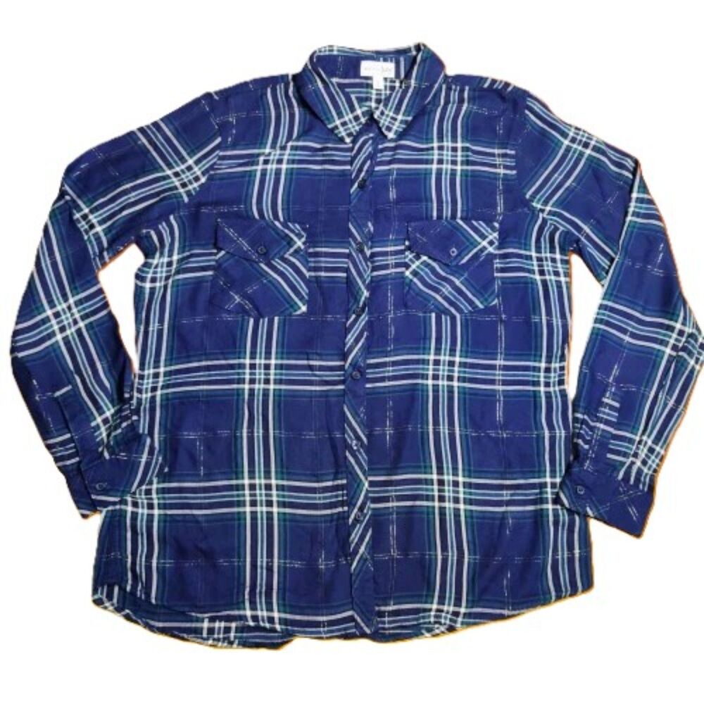 Maison Jules Blue Green Plaid Button Front Shirt Women’s Size L Long Sleeve